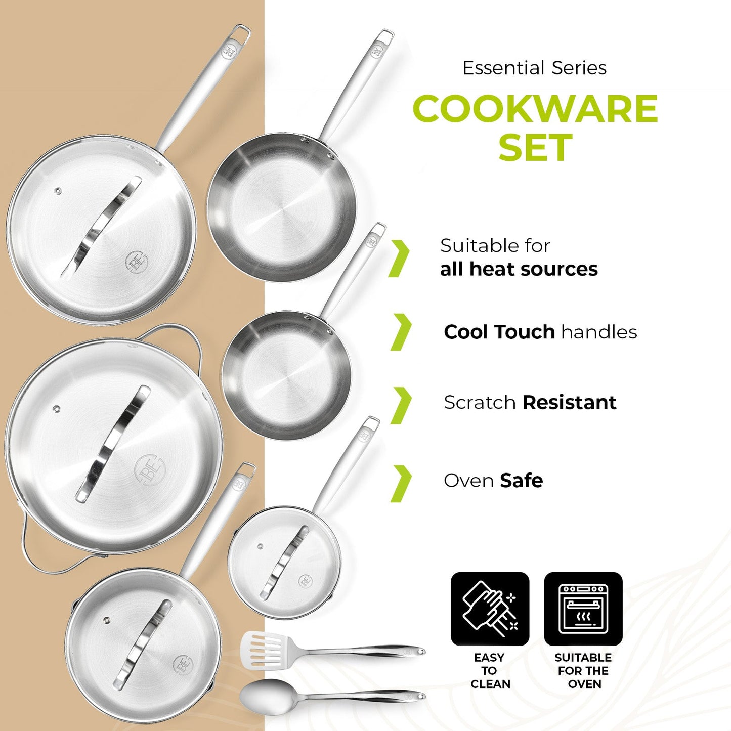 BE | LIVING - Essential Series - 12 pcs Cookware Set - Triply Stainless Steel