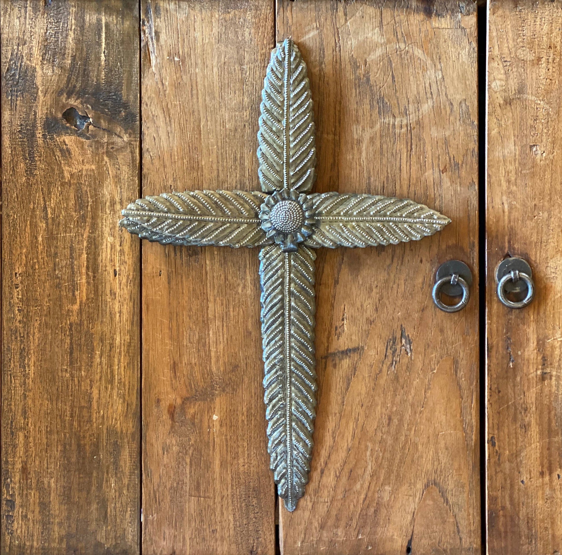 Handmade Haitian Metal Wall Cross 8x13 w/ Center Flower