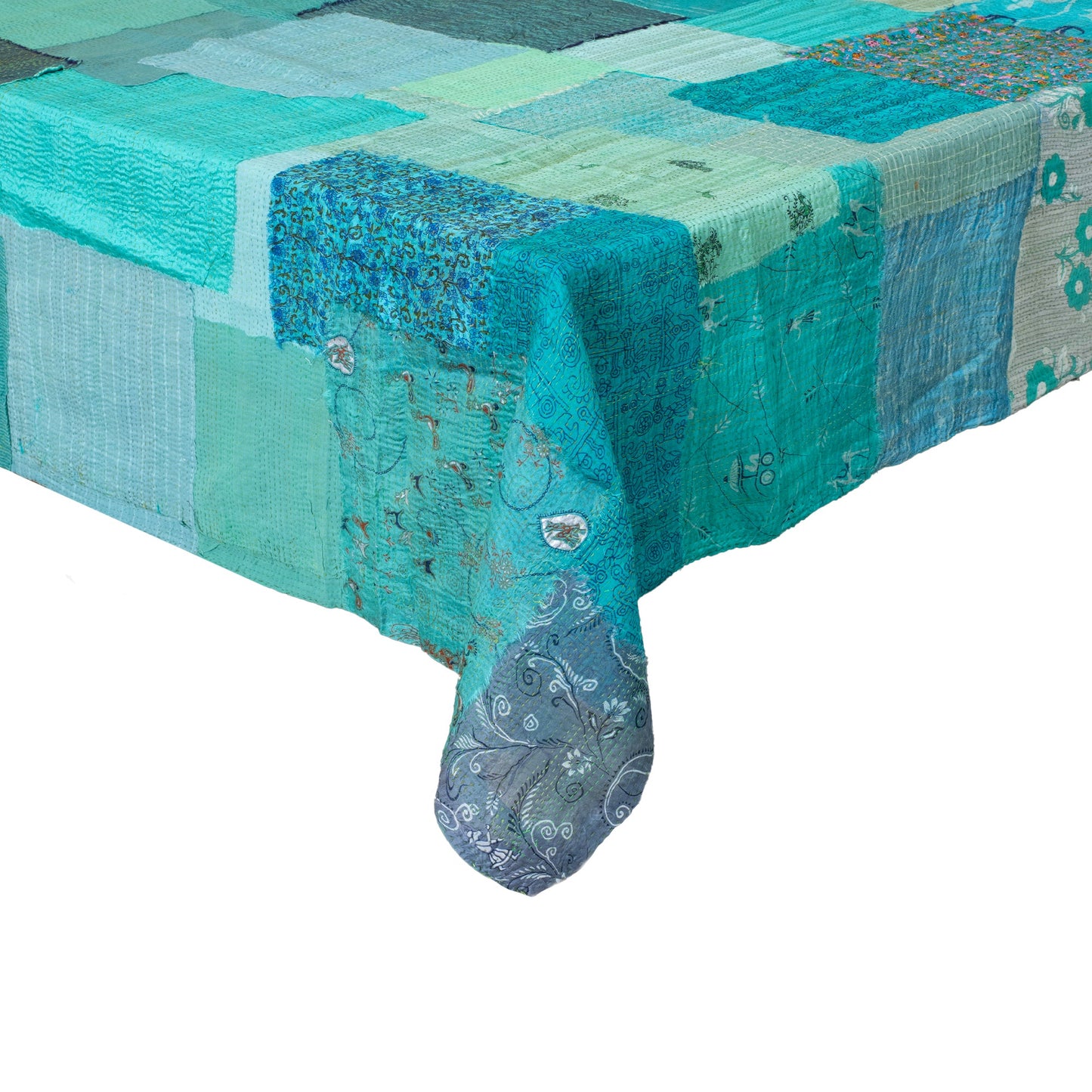 Printed Fray Patch  Vintage Cotton Kantha Table Cover - Sage
