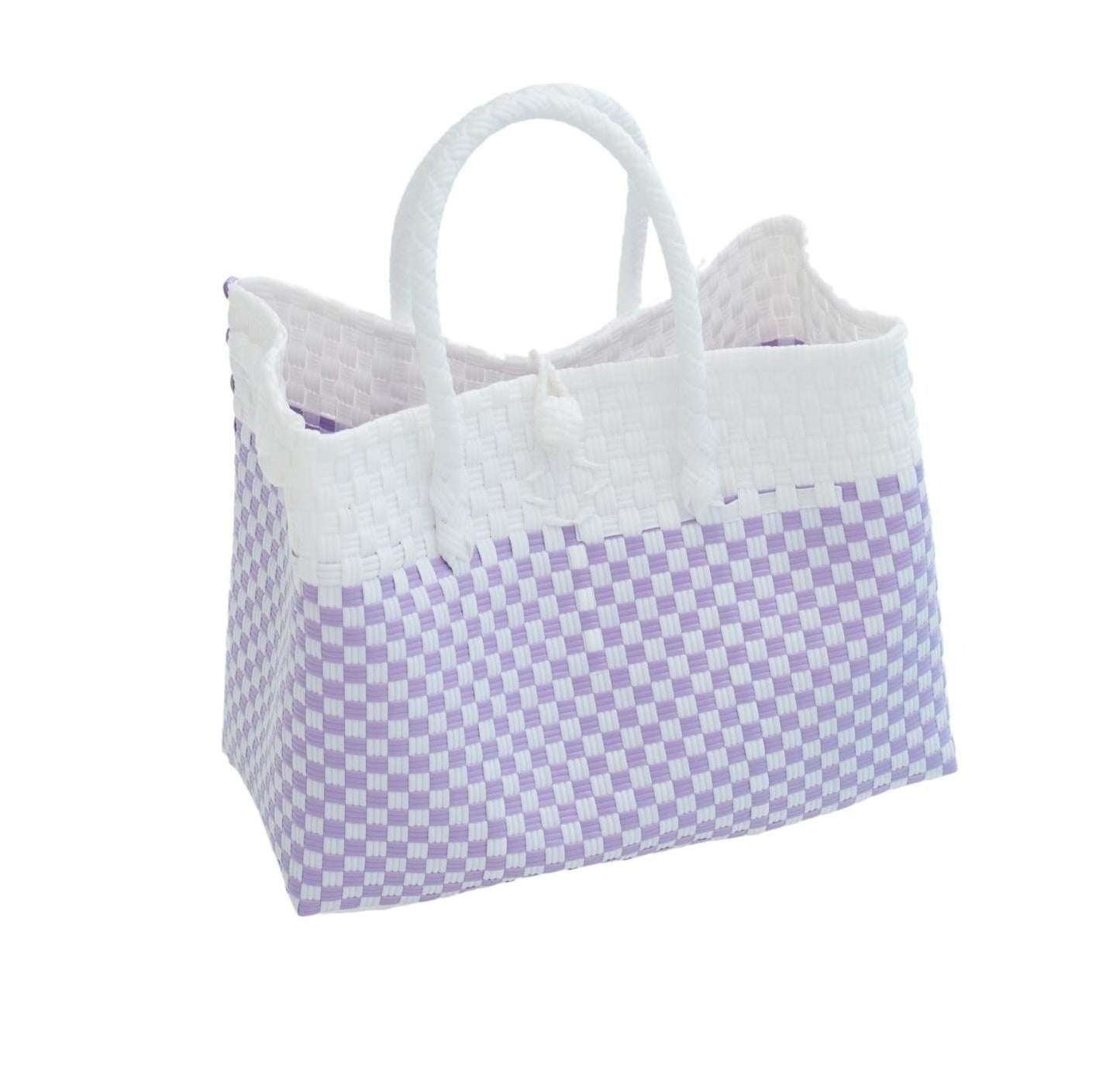 Lola Recycled Plastic Woven Tote Large - White and Lite Purple Checker