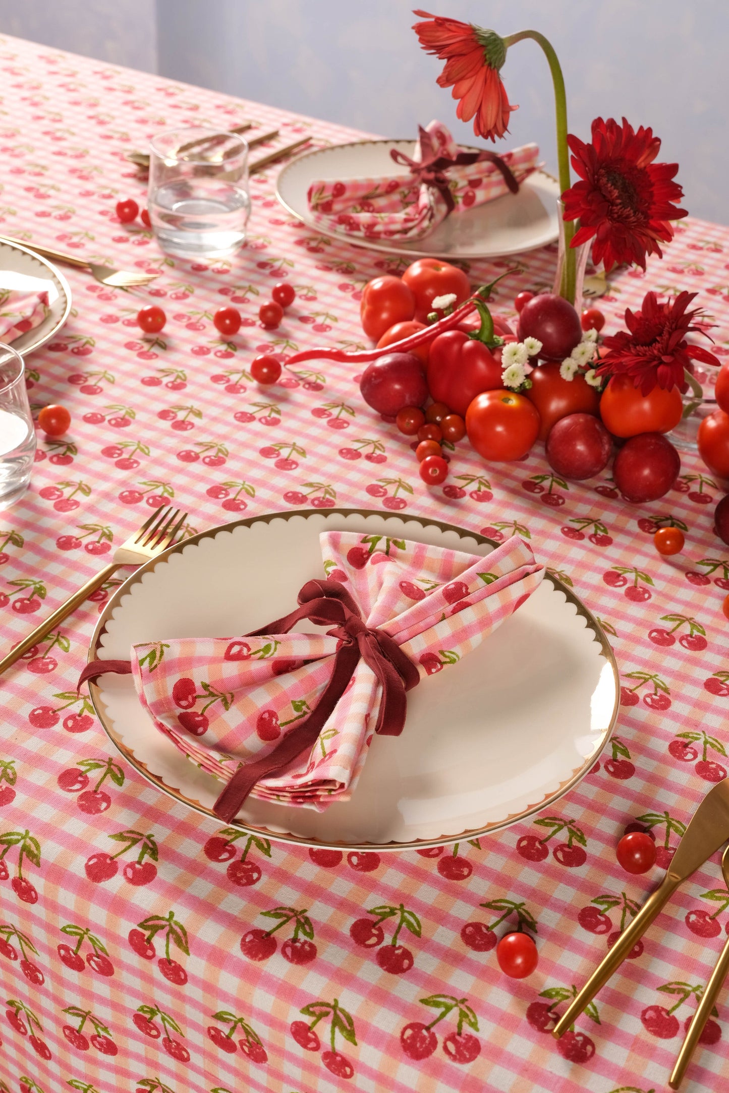 Cherry Blockprint Napkins in Red Gingham, Set of 4