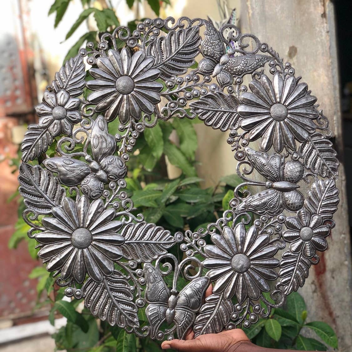 Haitian Metal Art, Flower and Butterfly Wreath 23"