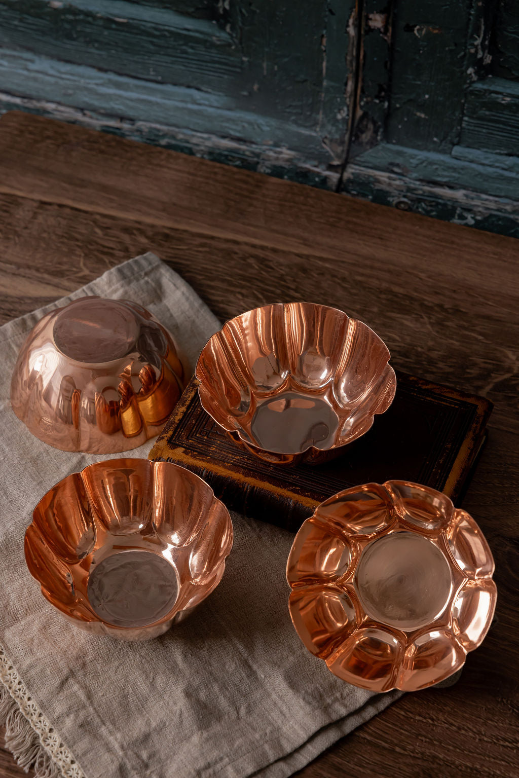 S/2 Vintage Inspired Copper Fluted Bowls with Crown Engraving