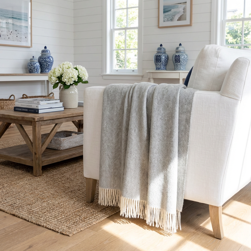 Southampton Home Merino Wool Herringbone Throw - Silver