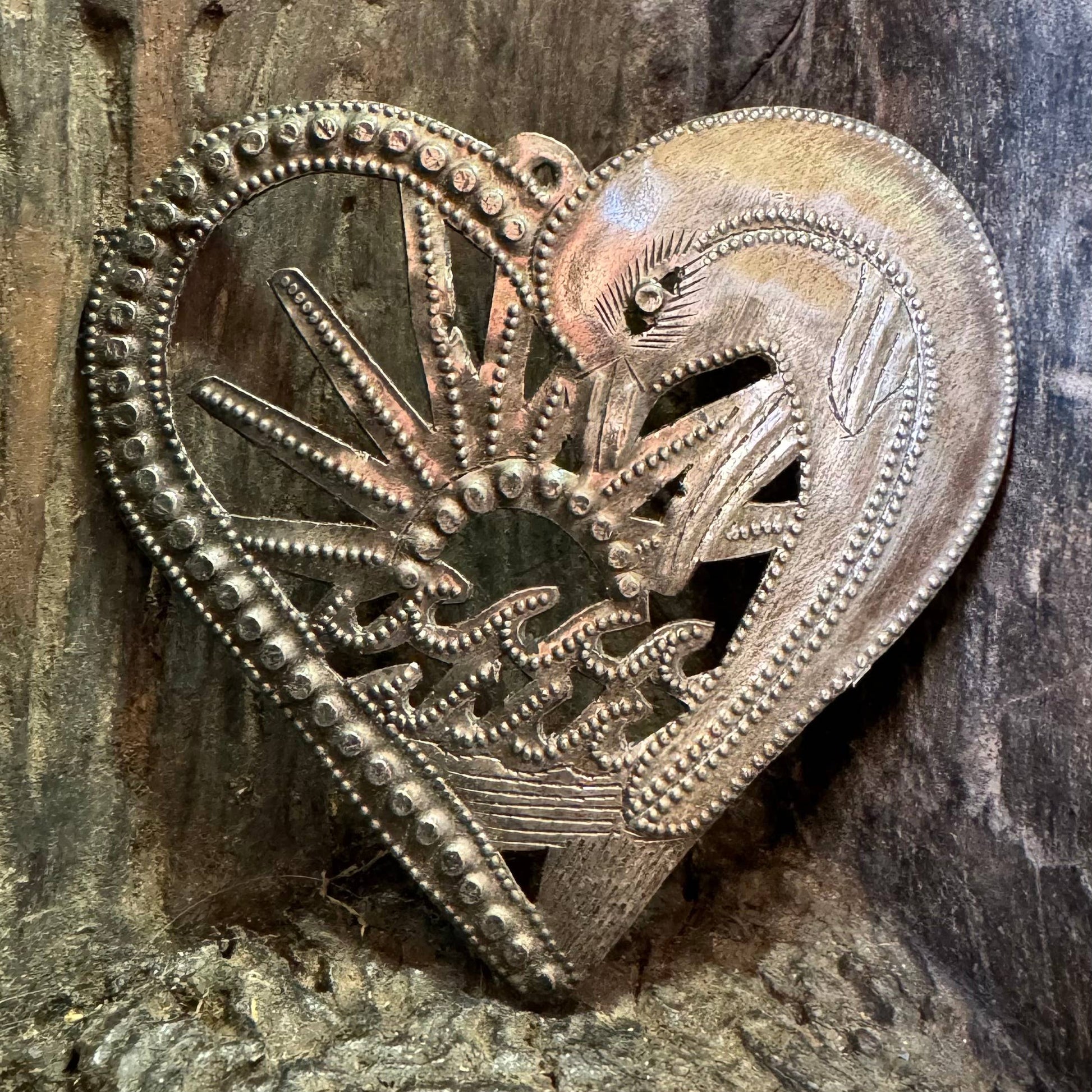 Handcrafted Dolphin Heart Ornament - Haitian Metal Art, 4.5"