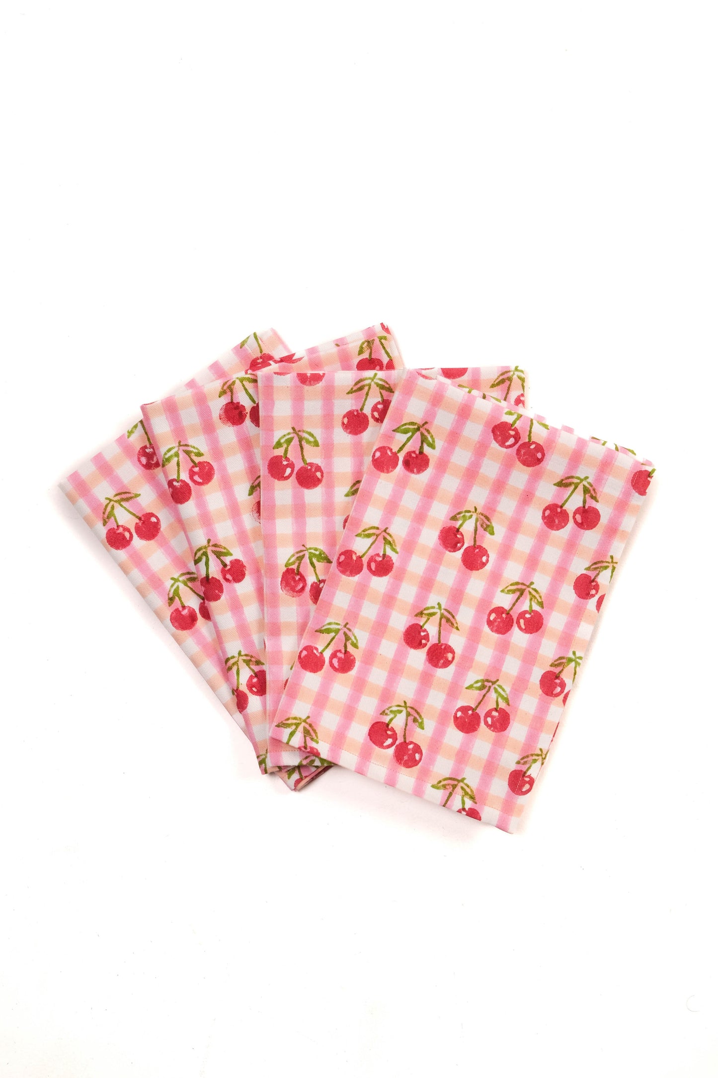Cherry Blockprint Napkins in Red Gingham, Set of 4