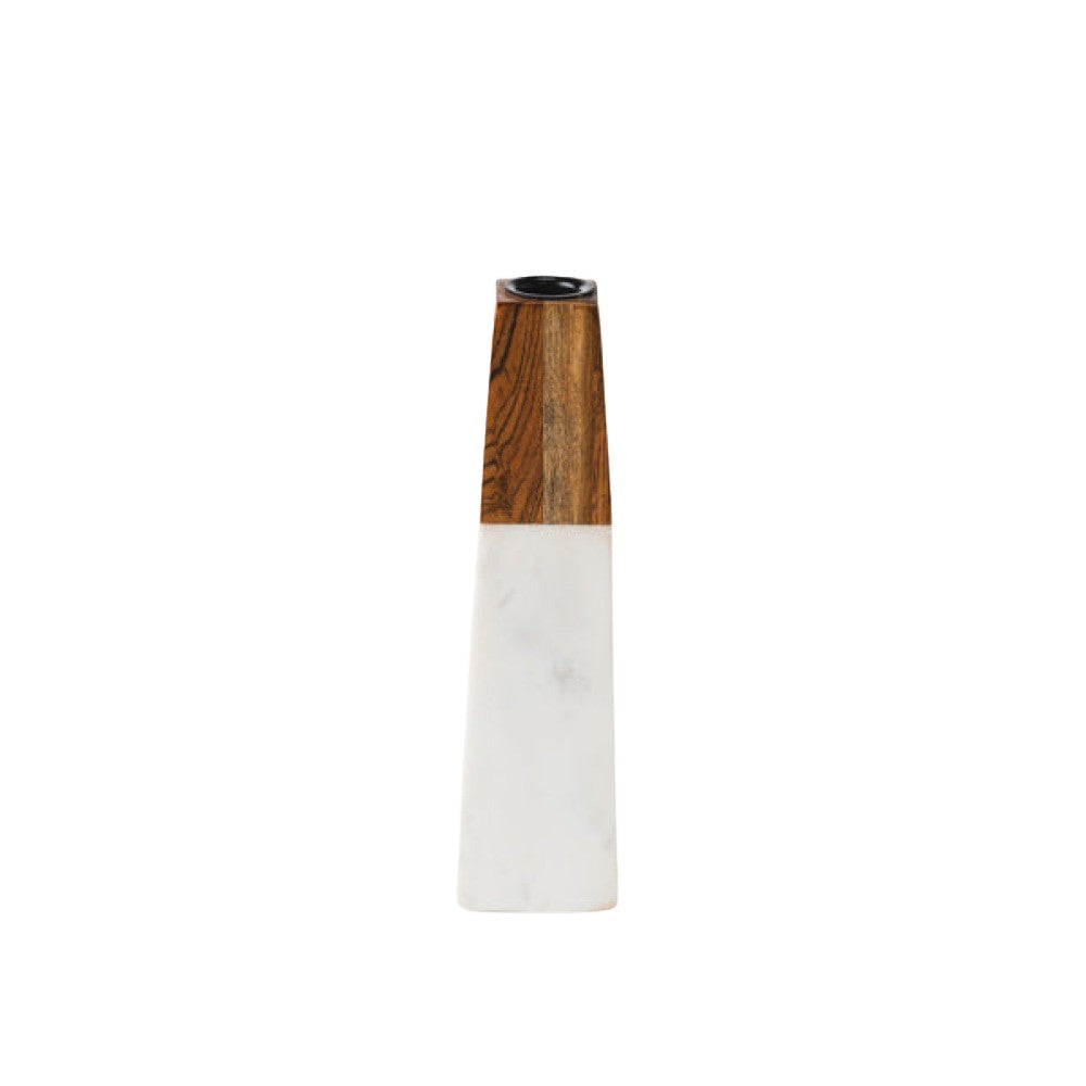 Tapered White Marble & Acacia Candleholder