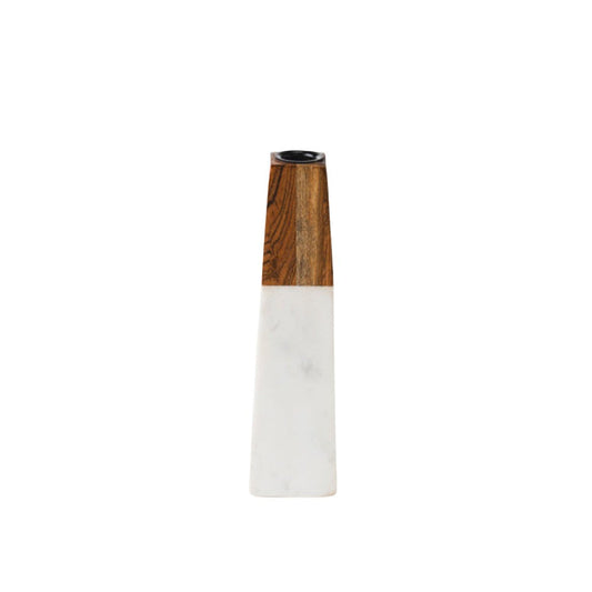 Tapered White Marble & Acacia Candleholder
