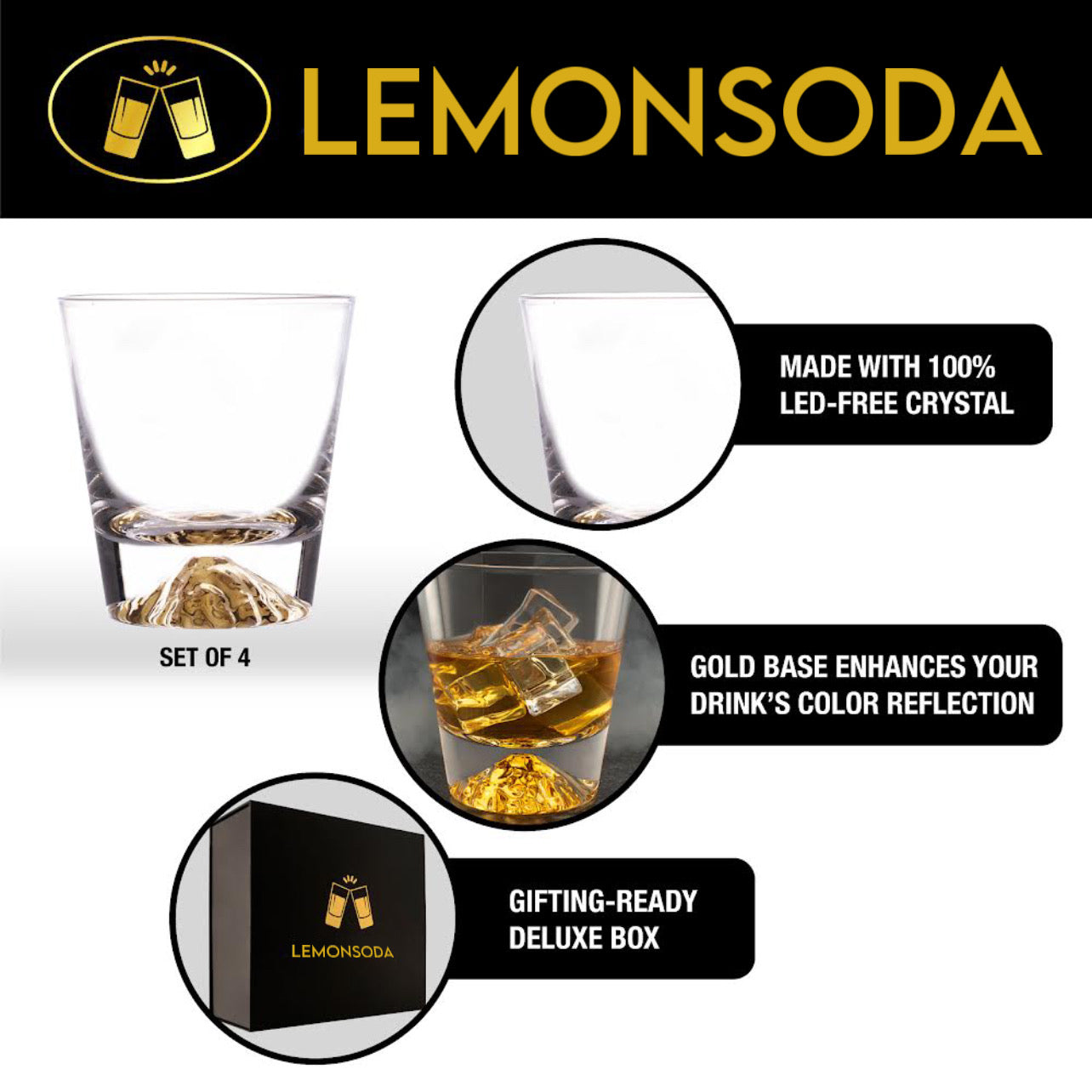 Whiskey Glasses Crystal Clear Gold Heavy Base Bourbon - 10oz