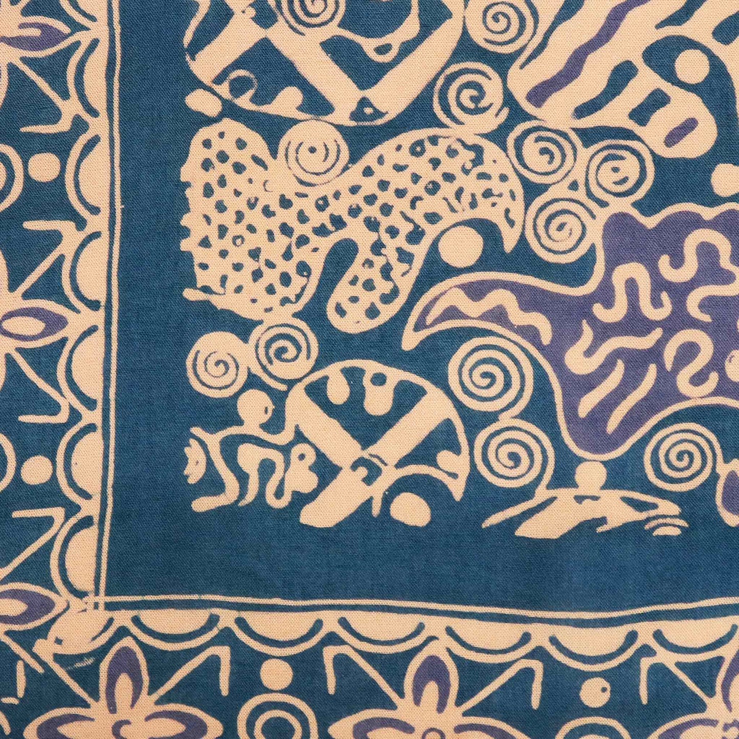 Large 39" Hand Dyed Batik Bandana, 100% Soft Cotton, Abstract Flowers, Teal, Patina Blue