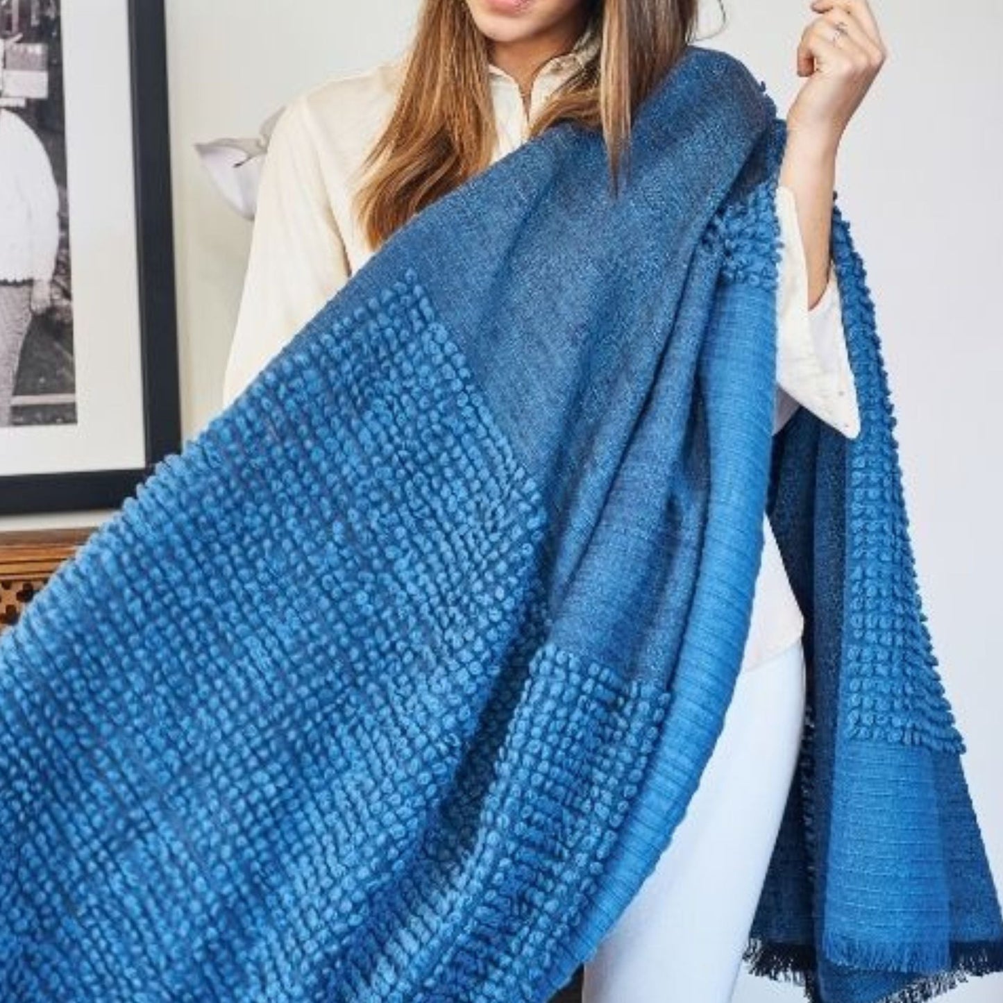 Macaroon Midnight Dark Blue Textured Merino Handloom Throw