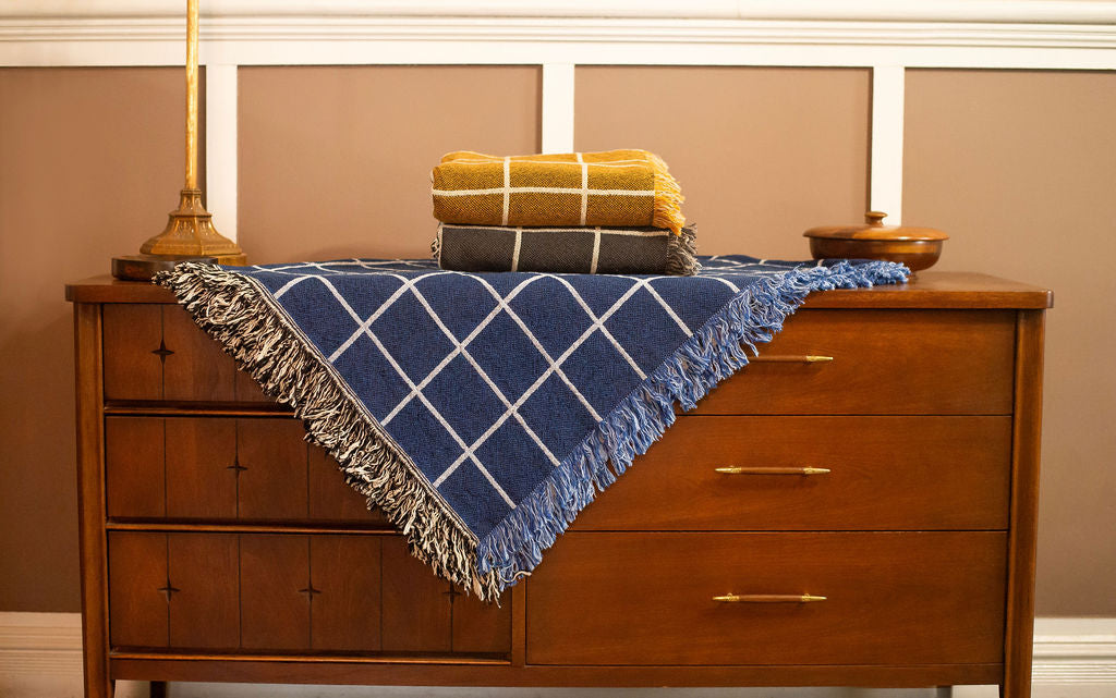 Blue Grid Jacquard Woven Throw