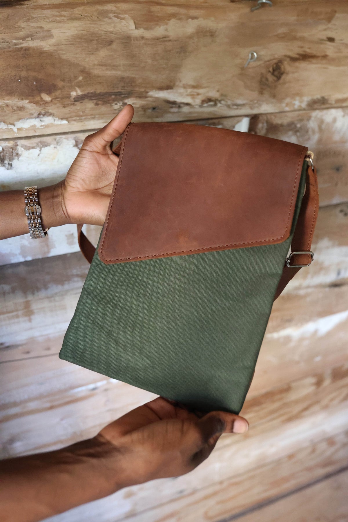 Leather and Canvas Crossbody Bag