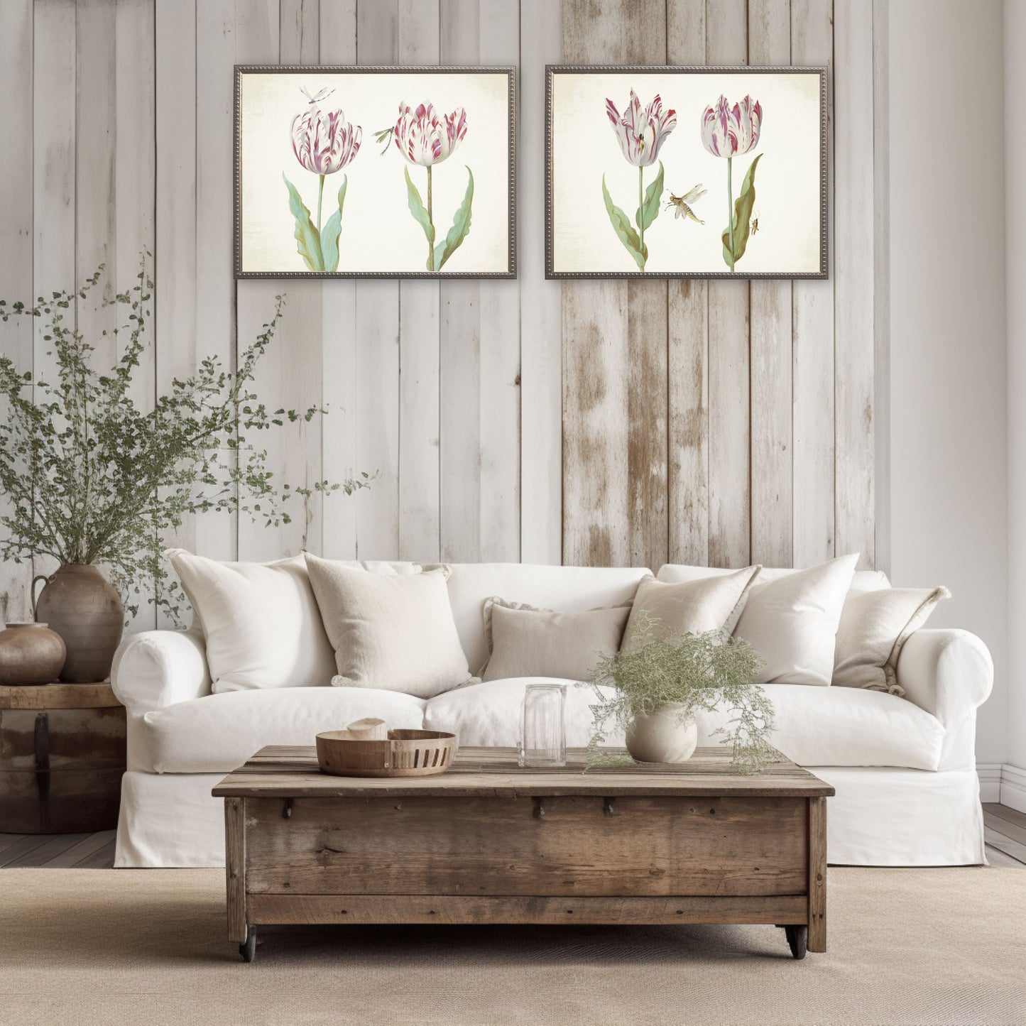 Pink Flowers with Two Dragonflies in Silver-Beaded Frame