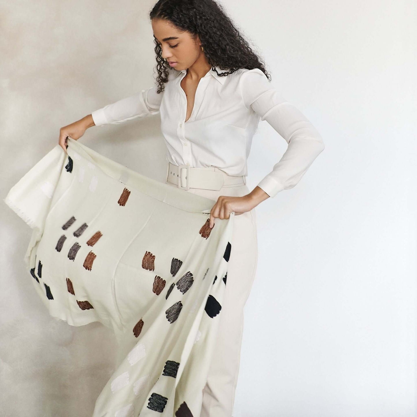 Off White Dahlia Hand Embroidered Hand Woven Modern Artisanal Scarf