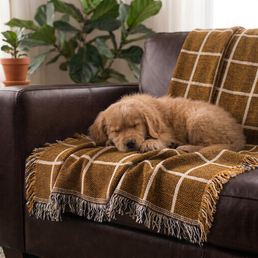 Golden Brown Grid Jacquard Woven Throw