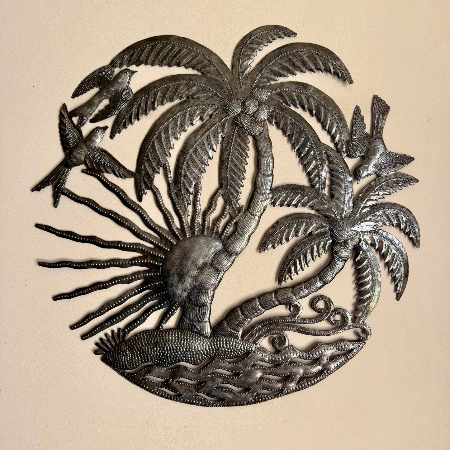 Haitian Tropical Palm Tree Metal Art, Birds Sun Fair Trade