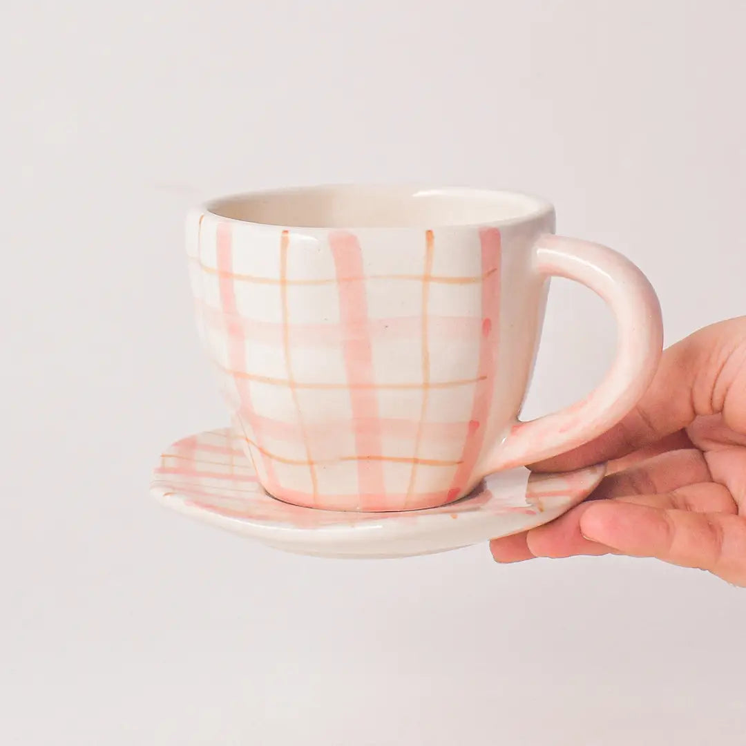 Handmade Cute Ceramic mug & Coaster Set - Plaid, 2.5 Inches (Set of 2)