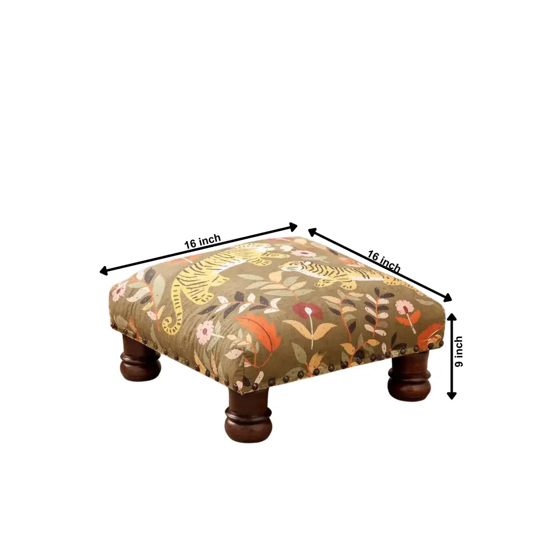 Botanical Tiger Foot Stool | Cotton Fabric | 16x16x9"