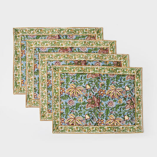 Hand Block Printed Cotton Placemats Set of 4 – Green & Blue Floral