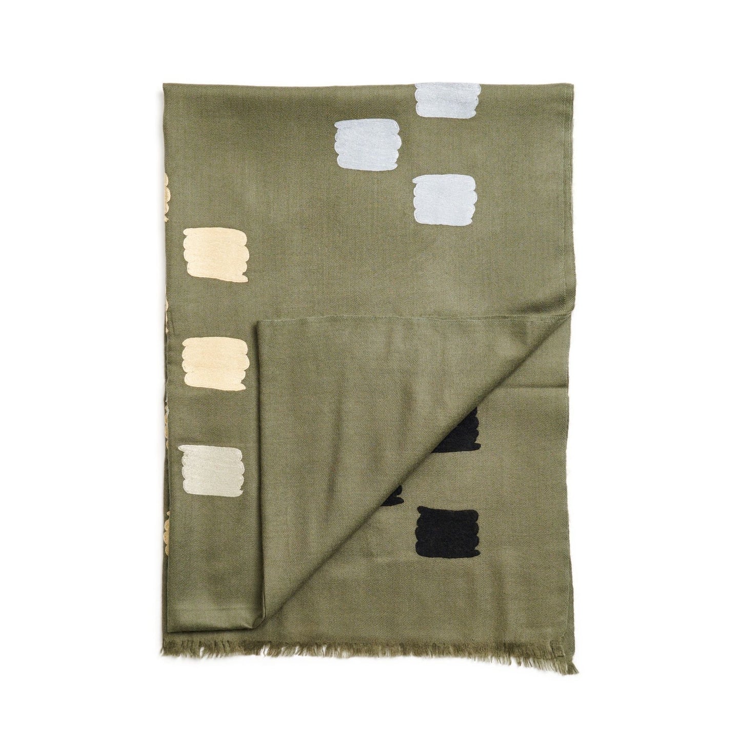 Sahara Olive Green Silk Merino Hand Woven Hand Embroidered Scarf