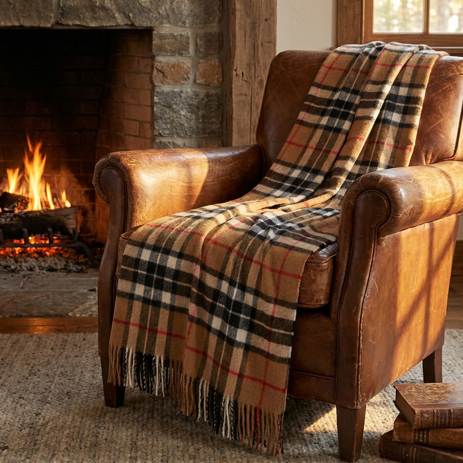 Highland Tartan Tweed Merino Wool Throw - Camel Thompson