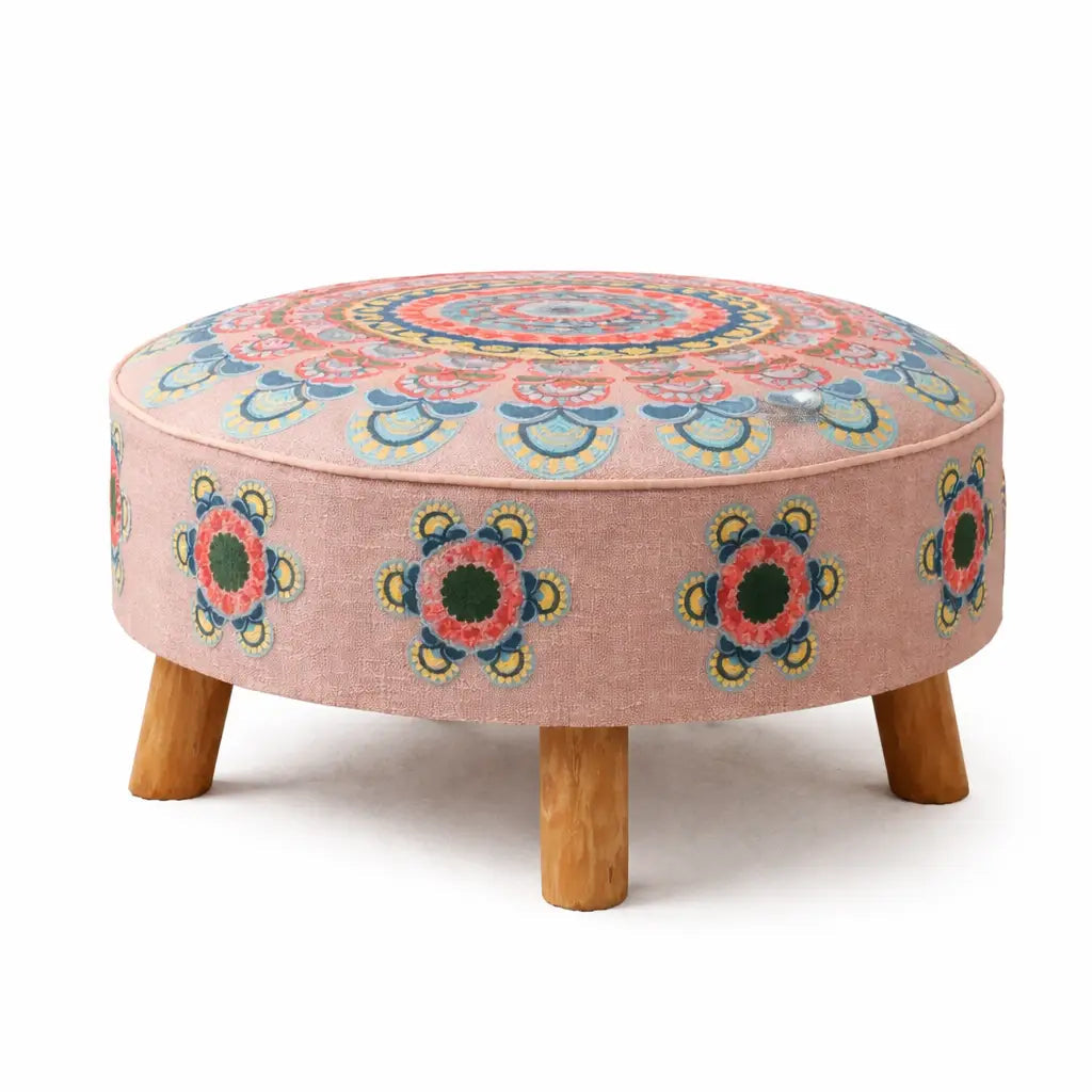 Mandala Slub Ottoman | 24x24x15"| Beige Cotton Fabric