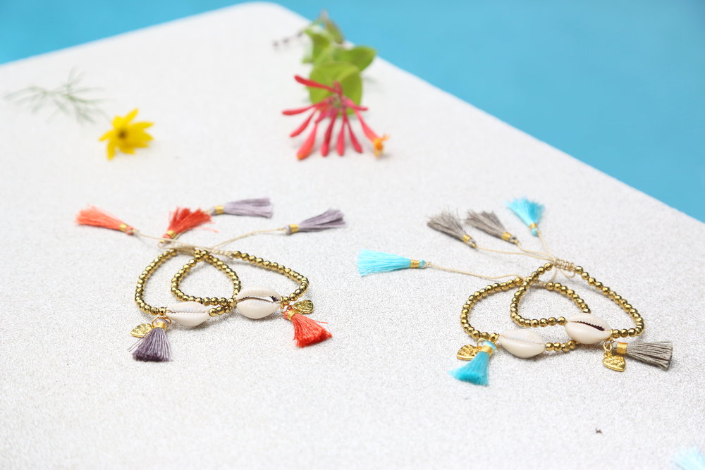 Beaded Shell Tassel Bracelet Pale Gold