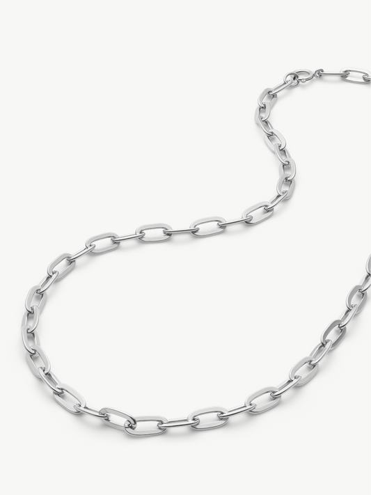 Silver chain necklace on a white background