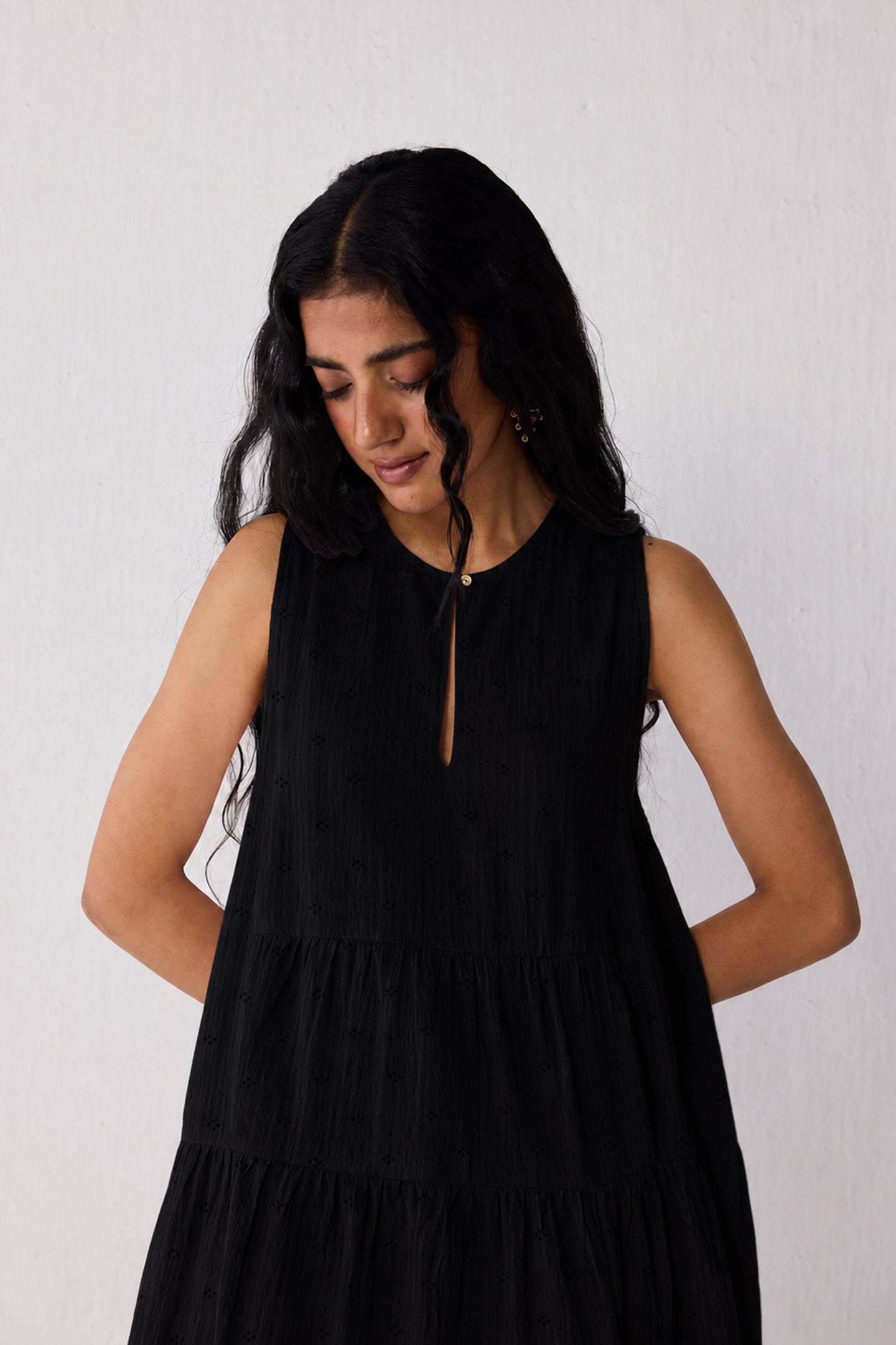 Embroidered Everyday Sleeveless Short Tiered Dress in Black