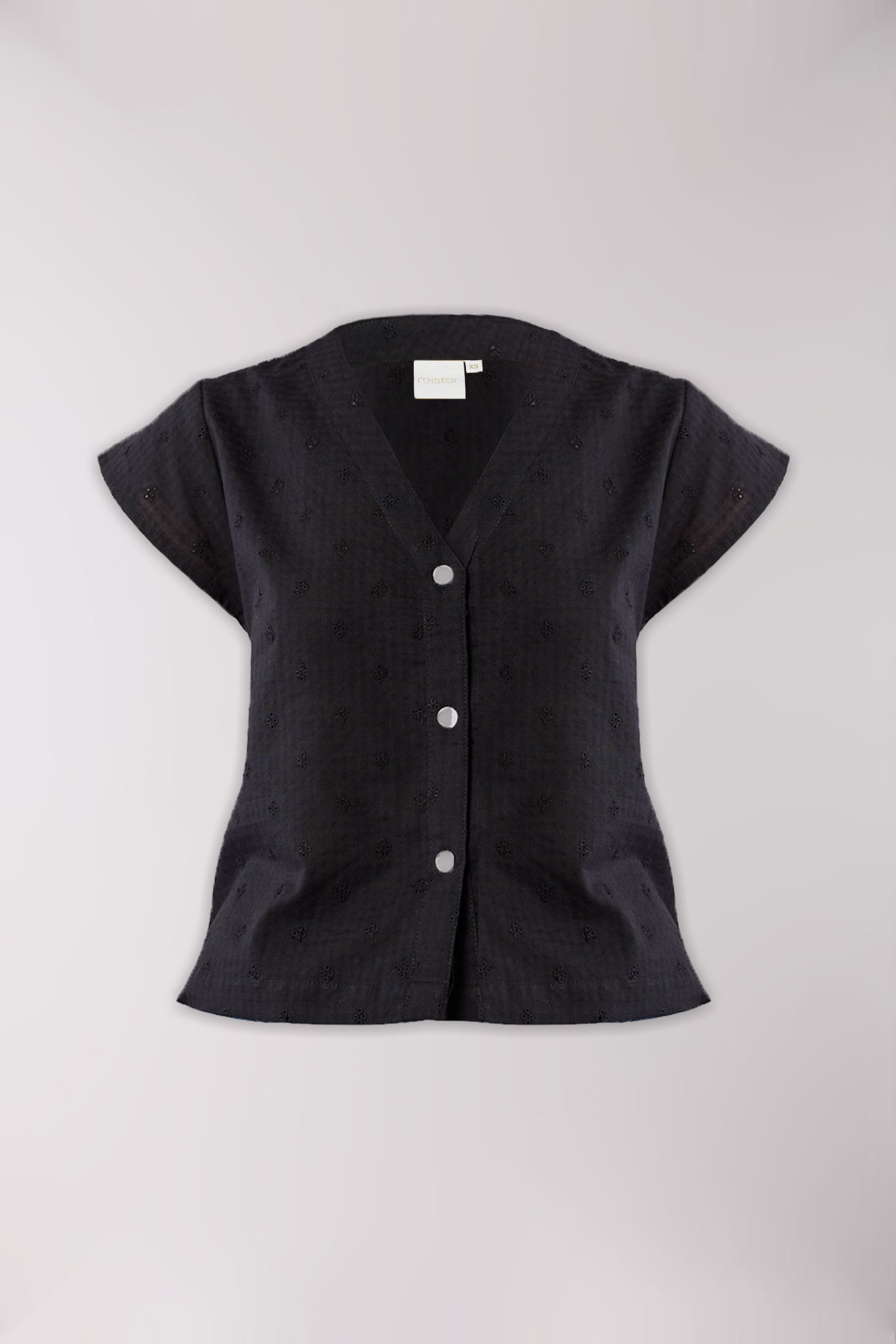 V-Neck Embroidered Top with Front Buttons in Black