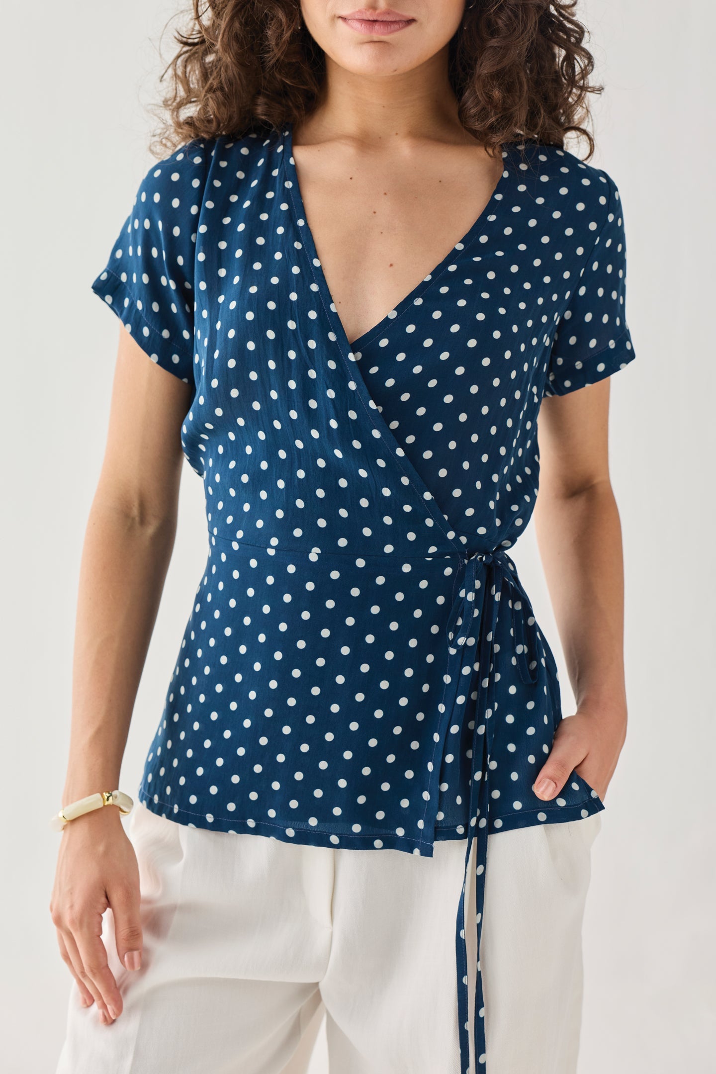 Wrap-Around Top in Navy Blue Polka