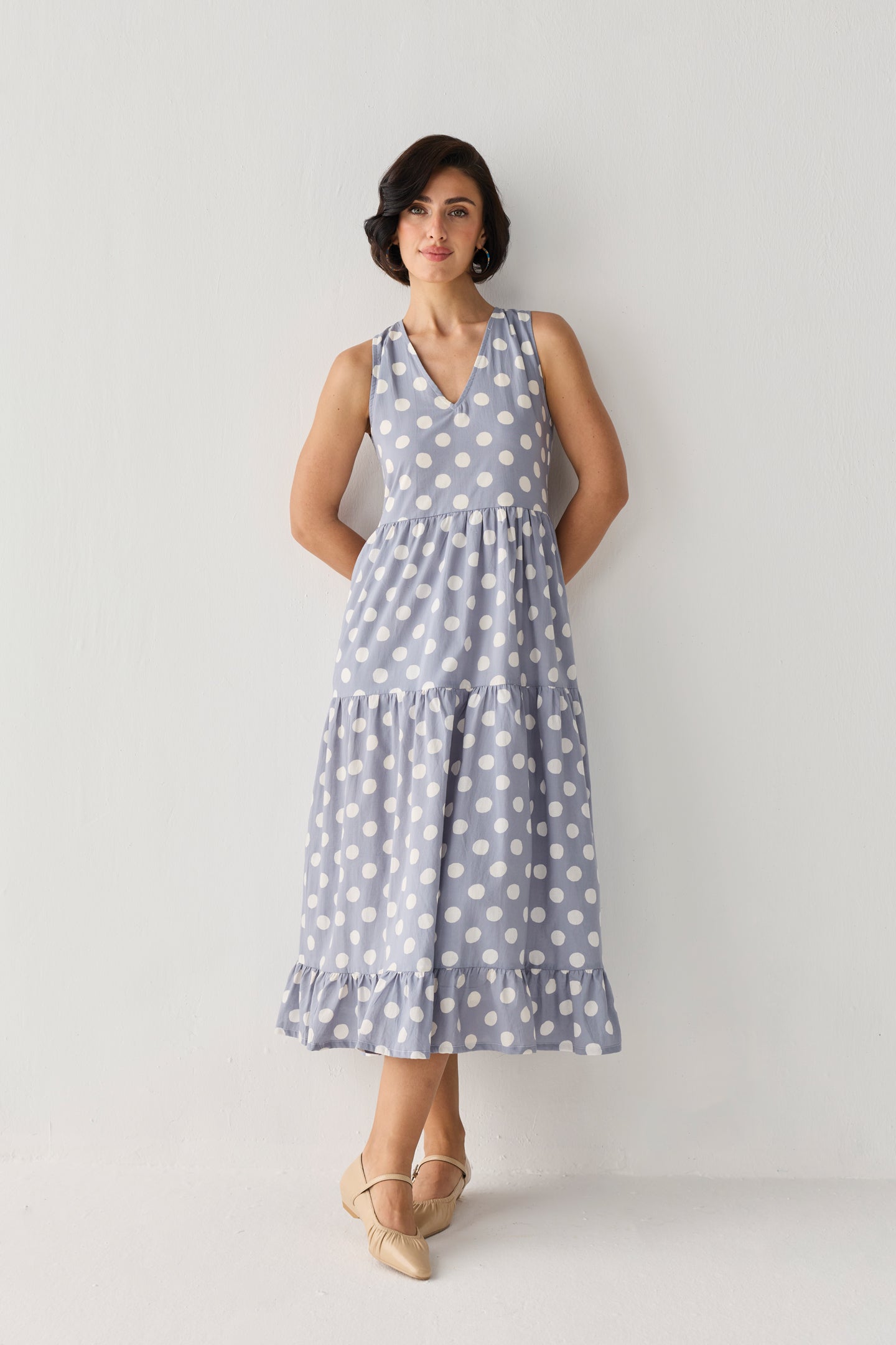 Tiered Midi Dress in Blue Polka