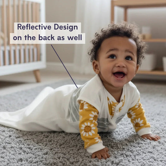 A smiling baby in the Early Stages Bundle | 0 - 6 months white swaddle sleep sack with yellow floral sleeves crawls on a gray carpet. Text on the image reads, Reflective Design on the back as well. This cozy baby sleepwear ensures comfort and safety for your little one.