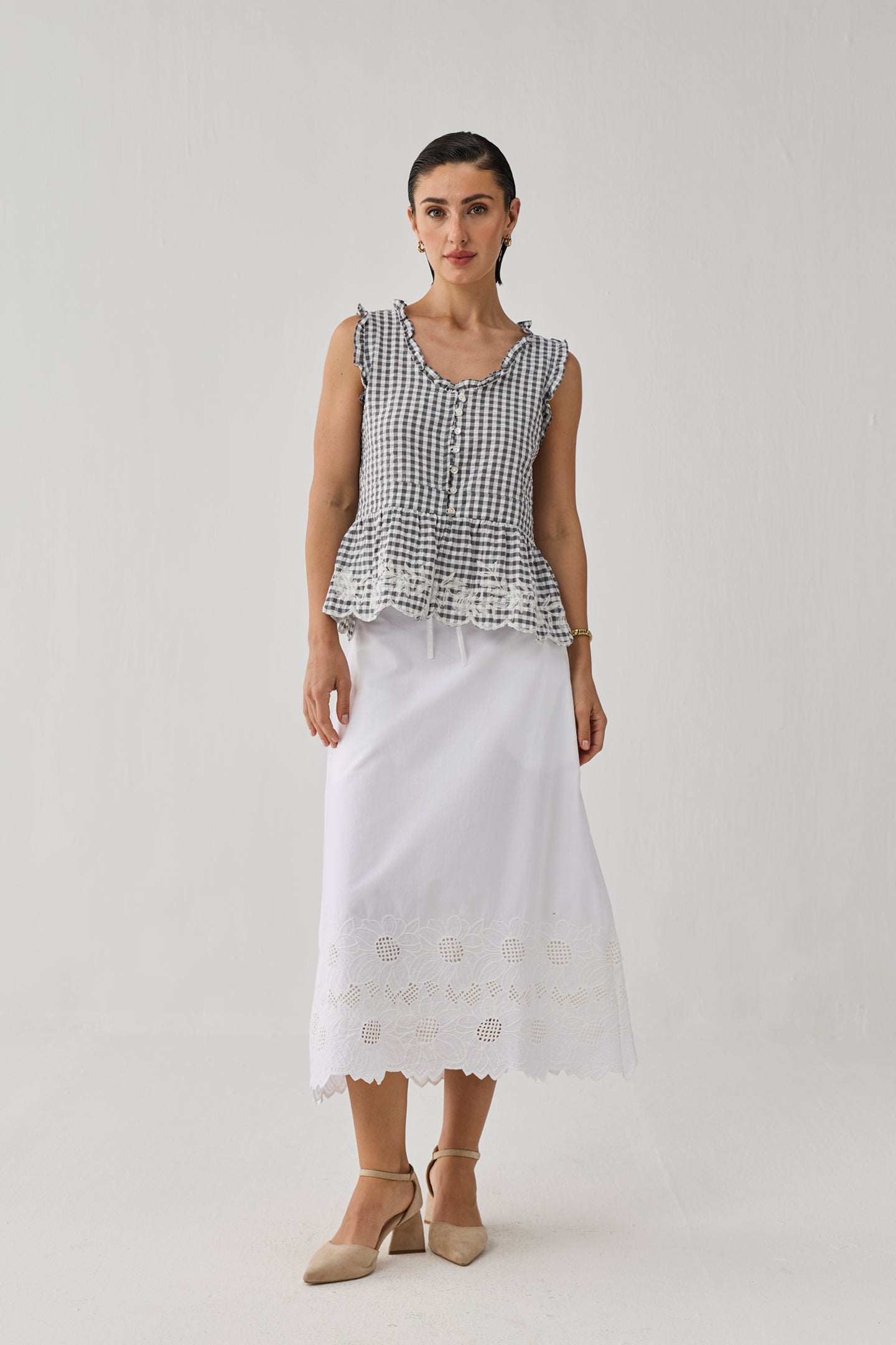 Embroidered Peplum Top in Grey Check