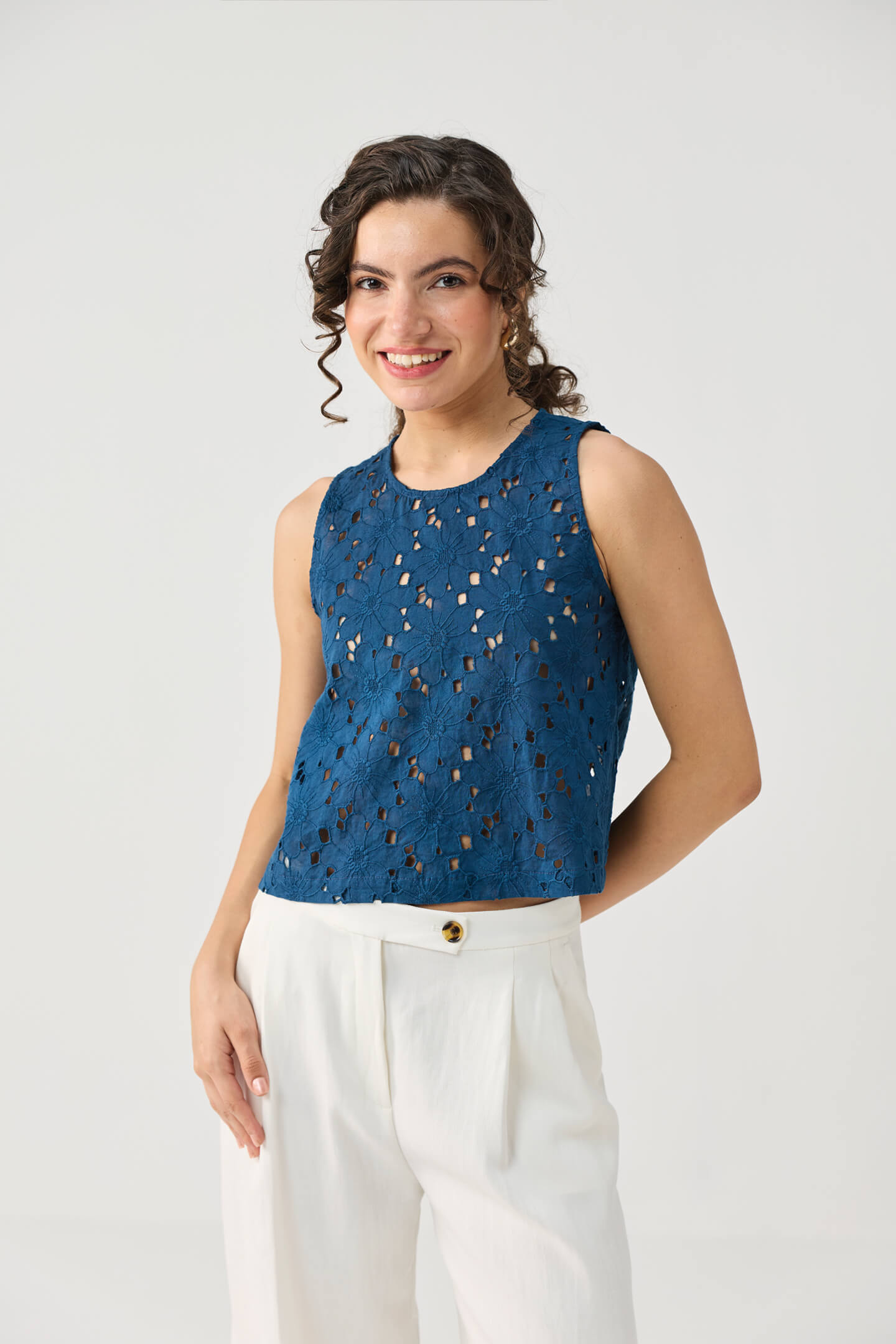 The Embroidered Button Back Top in Blue