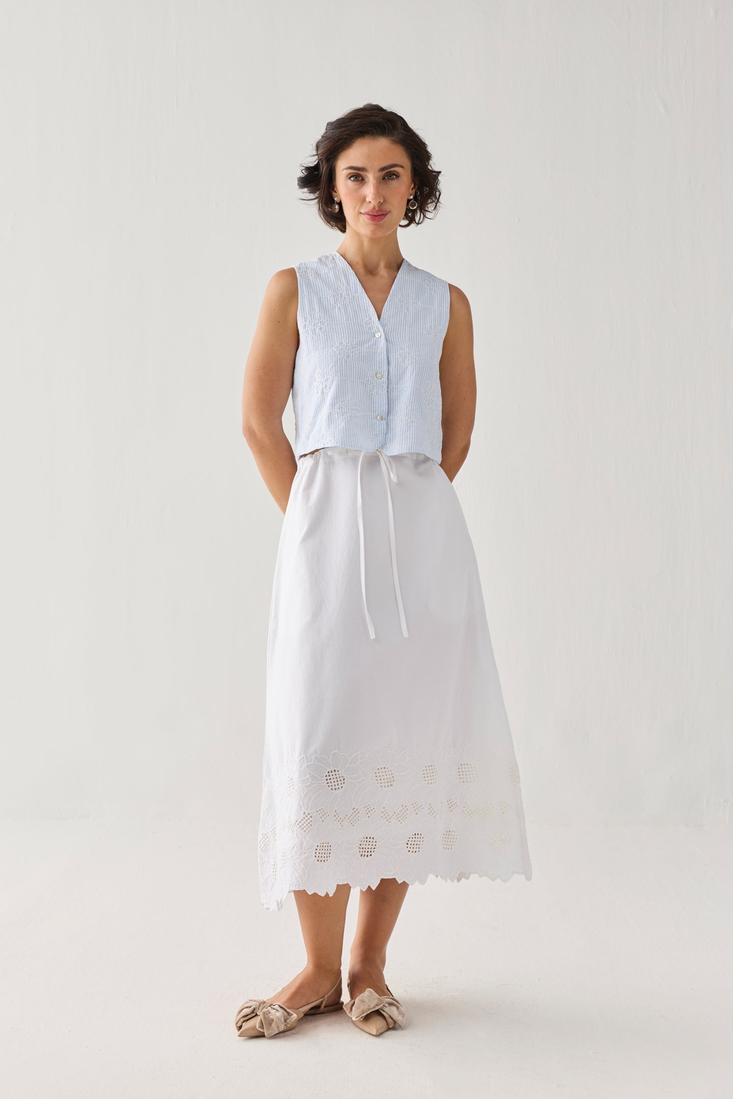 Embroidered Sleeveless Vest Top in Blue Stripe