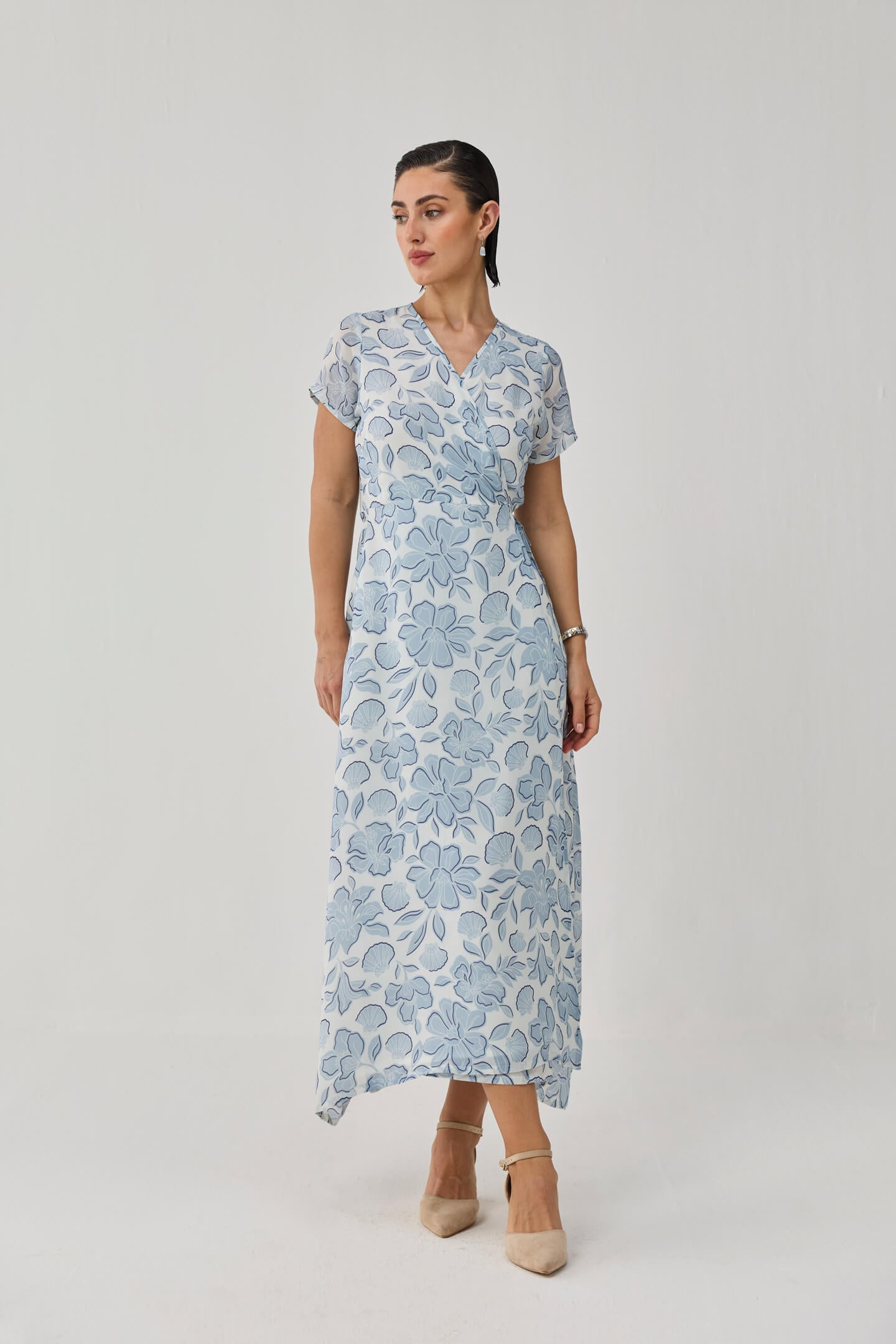 Maxi Wrap Dress in Soft Blue Florals