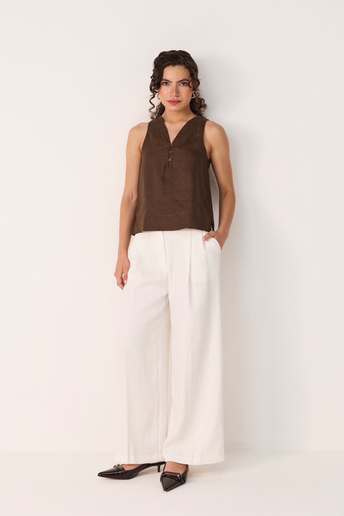 The Button Neck Top in Brown