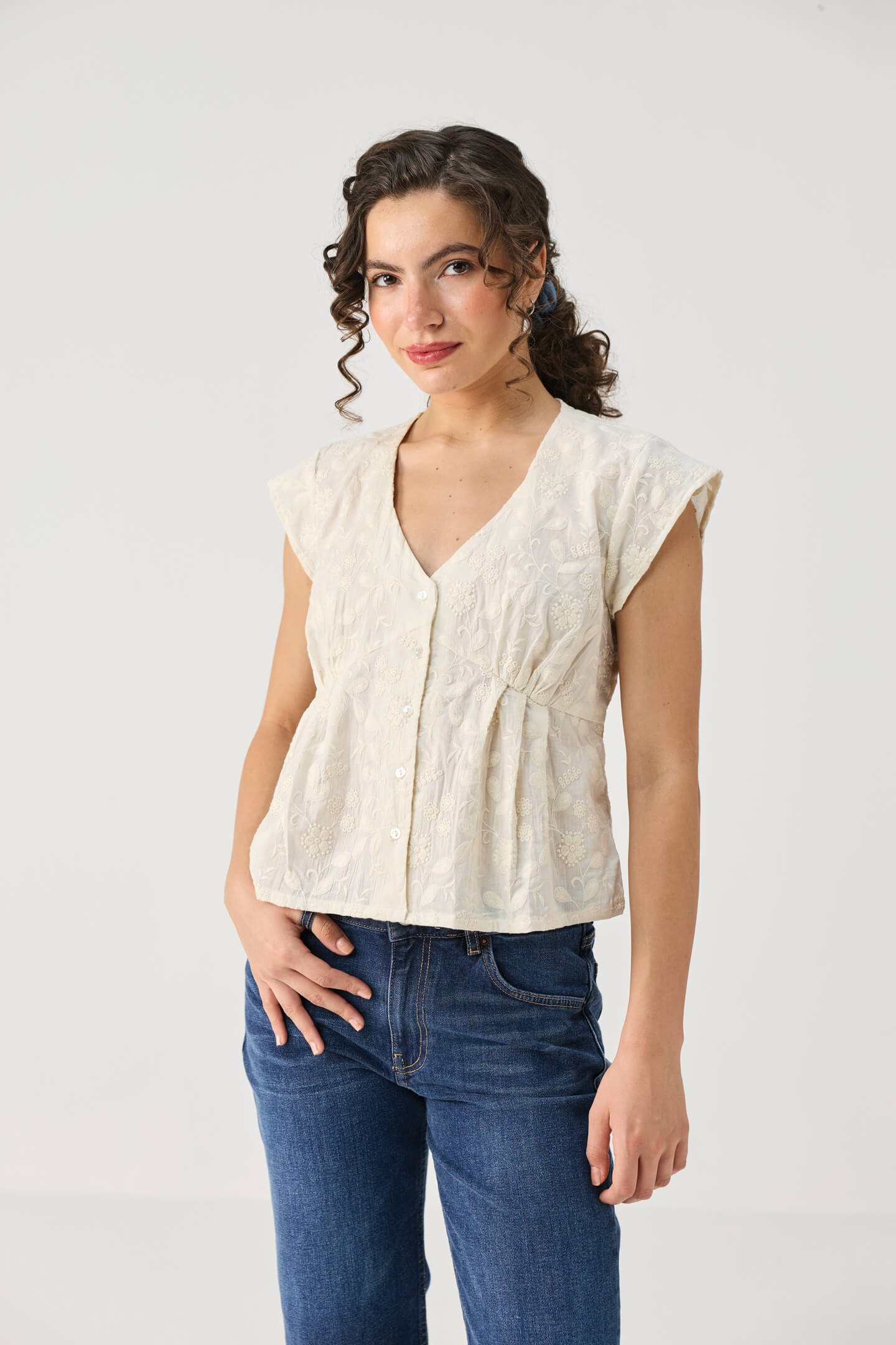 Embroidered Deep V Neck Top in Cream