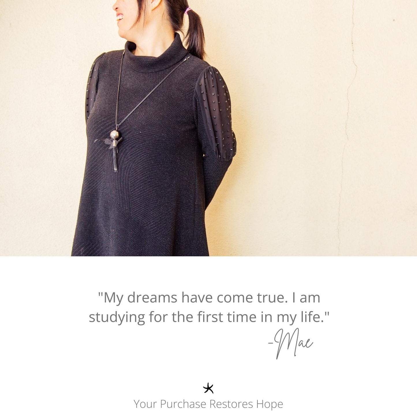 Photo of a woman smiling, women's artisan jewelry, jewelry company, freedom organization, best fair trade company