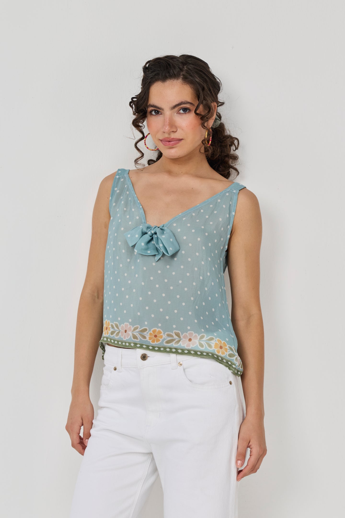 Deep V-Neck Polka Dot Top with Bow Detail