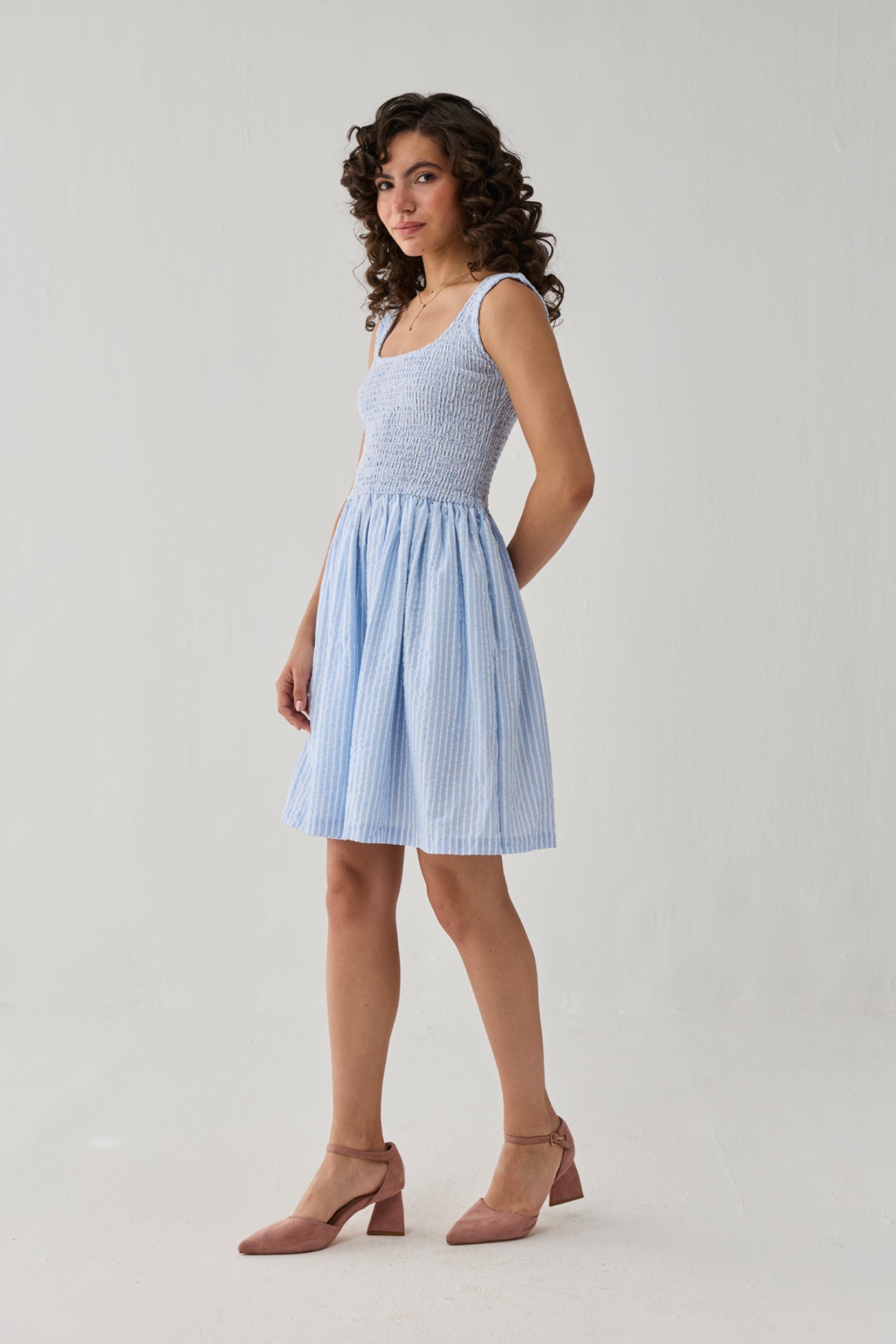 Smocked Short Dress in Blue Stripes