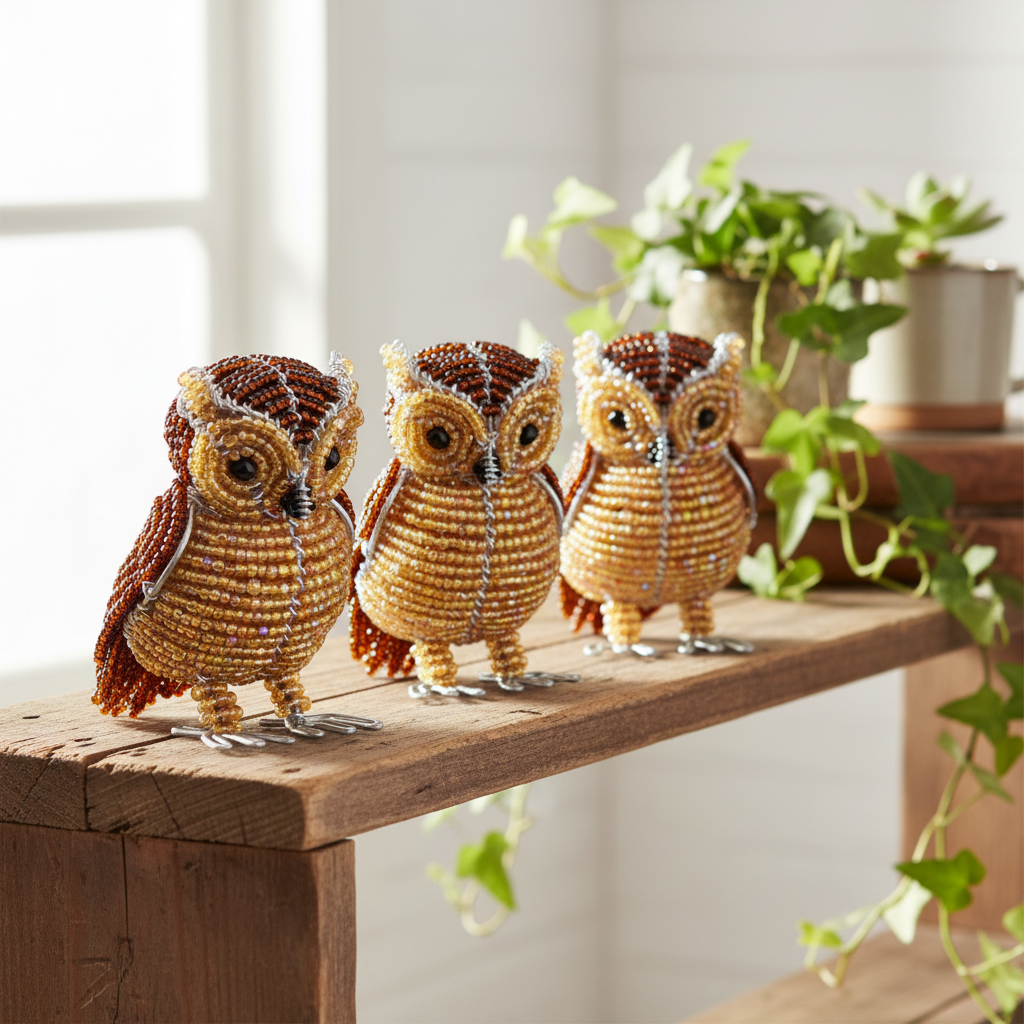 Handmade Beaded minimal Owl Figurine – Haitian Artisan Home Décor. (set of 3).