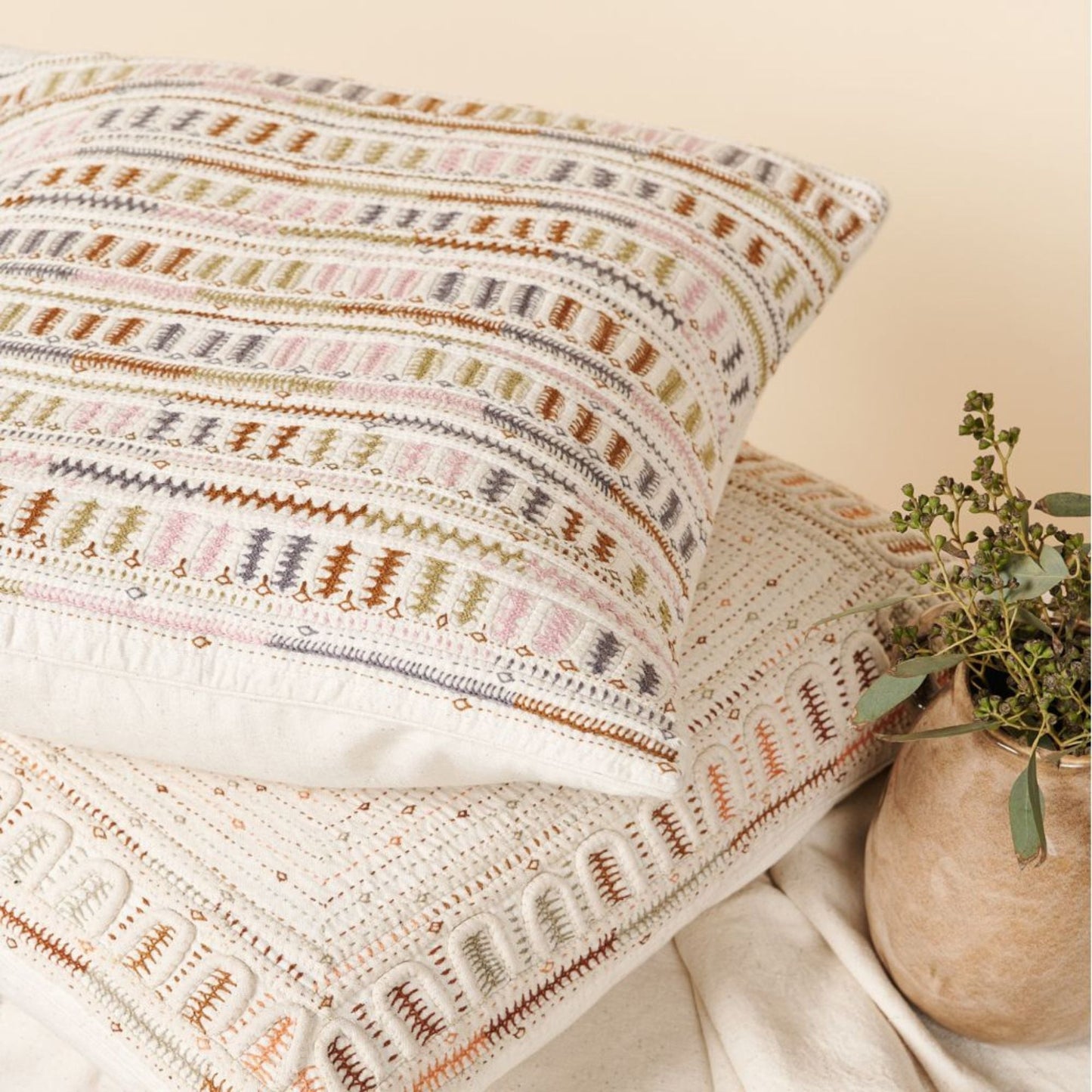Dahli Coral Artisanal Hand Embroidered Pillow Cover
