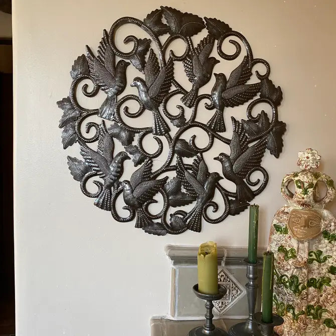 Delicate Cut Birds in Flight, Haitian Wall Hanging 23"