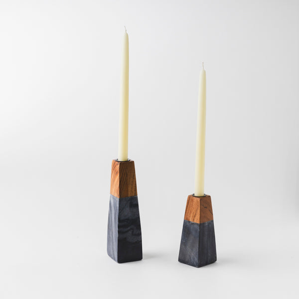 Tapered Marble & Acacia Candleholder