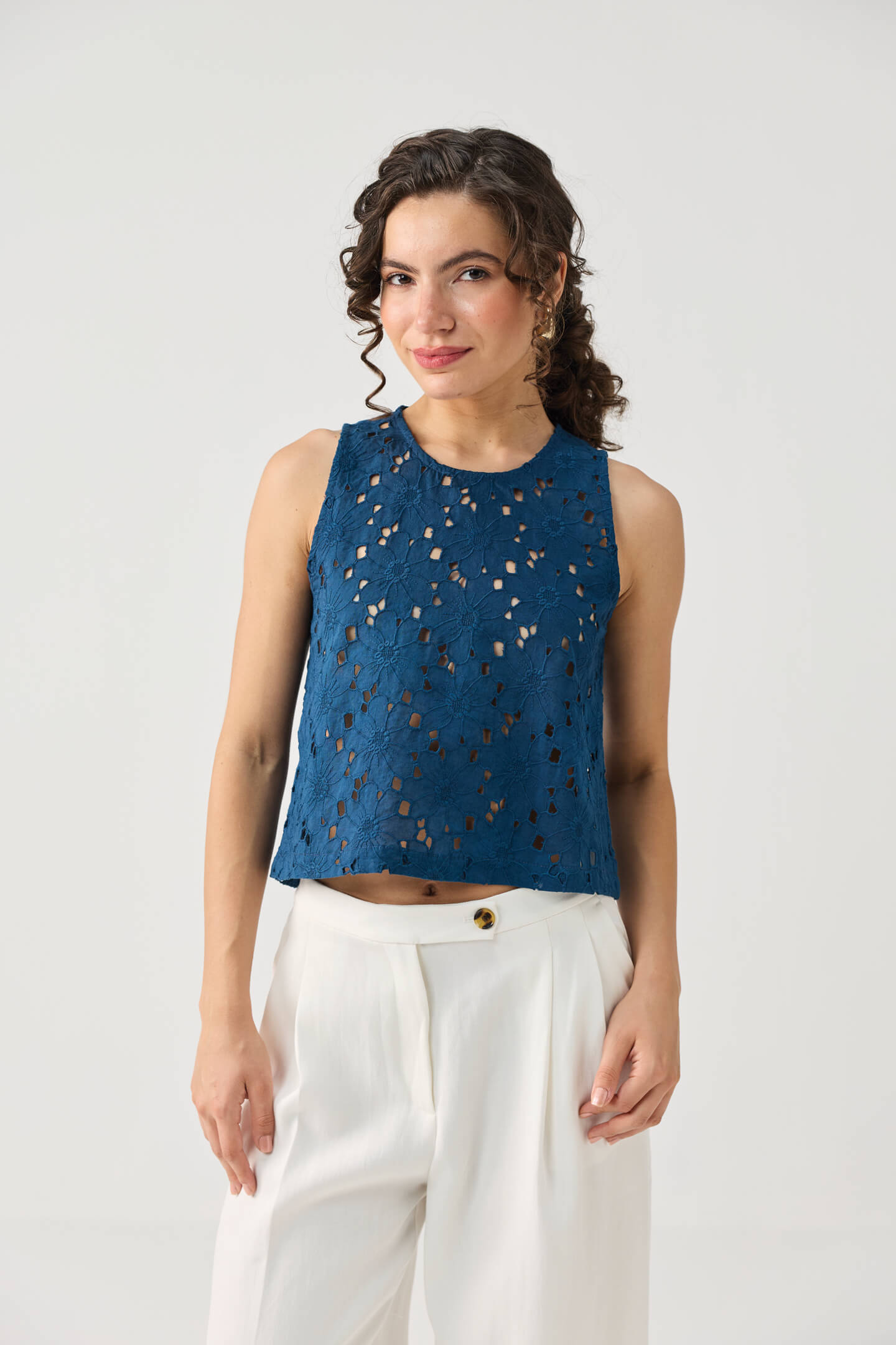 The Embroidered Button Back Top in Blue