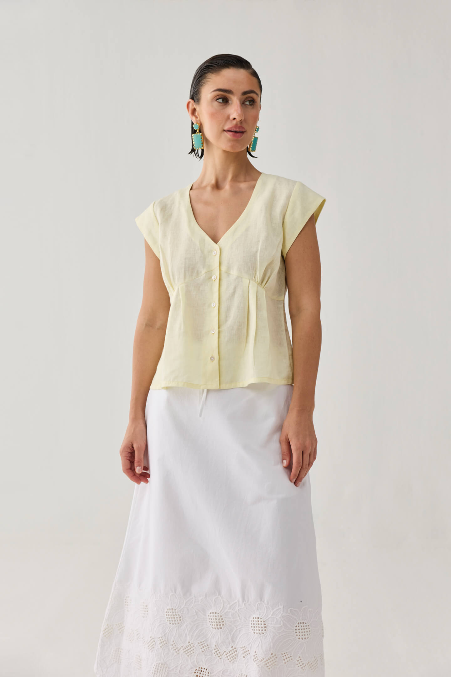 The Deep V Neck Top in Butter Lemon