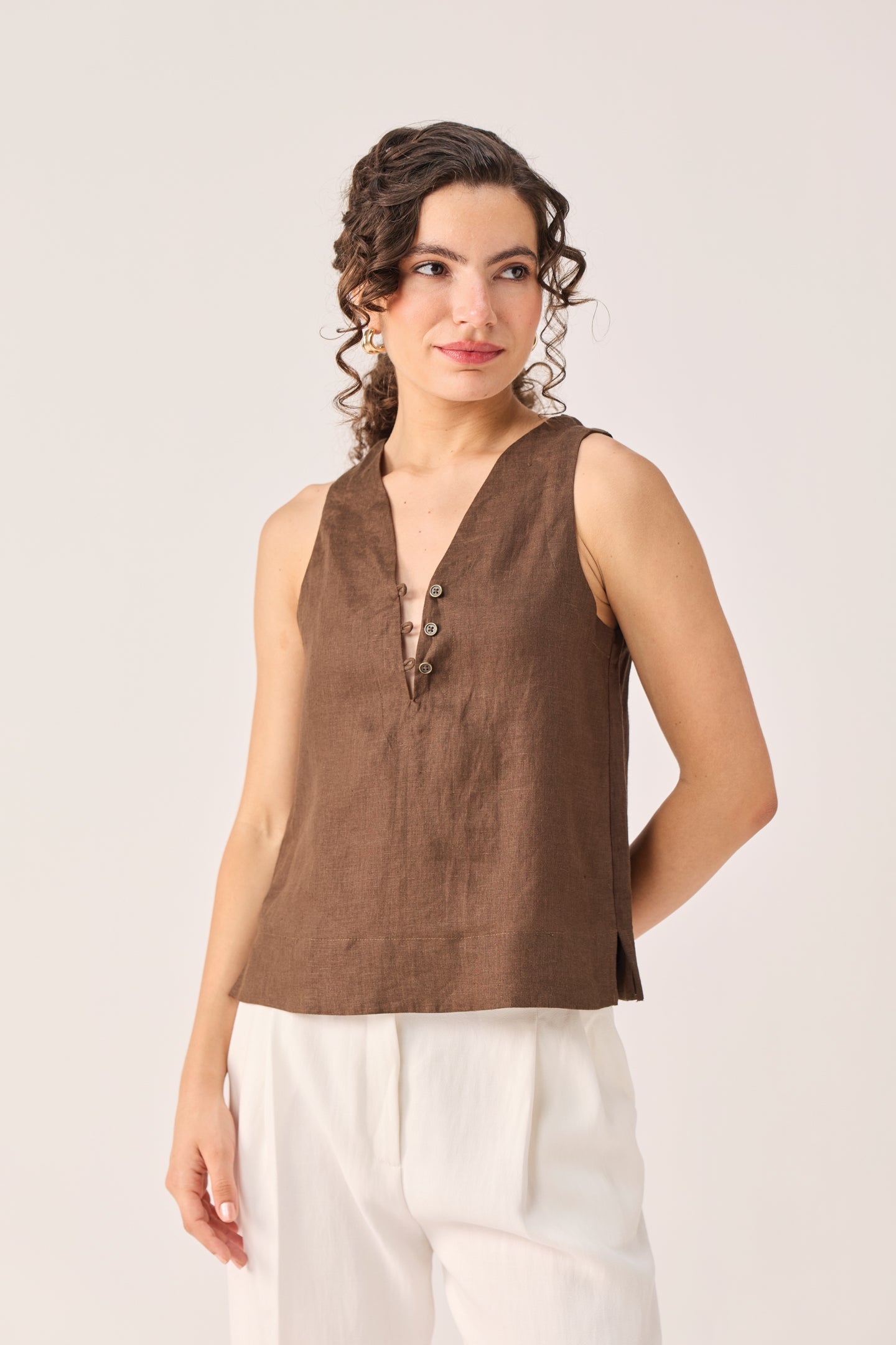 The Button Neck Top in Brown